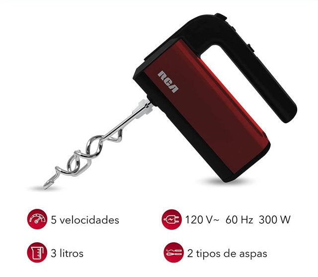 Batidora de Mano con Pedestal RCA RC-71 300 W, 5 Velocidades + Turbo, Tazón Giratorio de Acero Inoxidable 3 L, Negra con Rojo