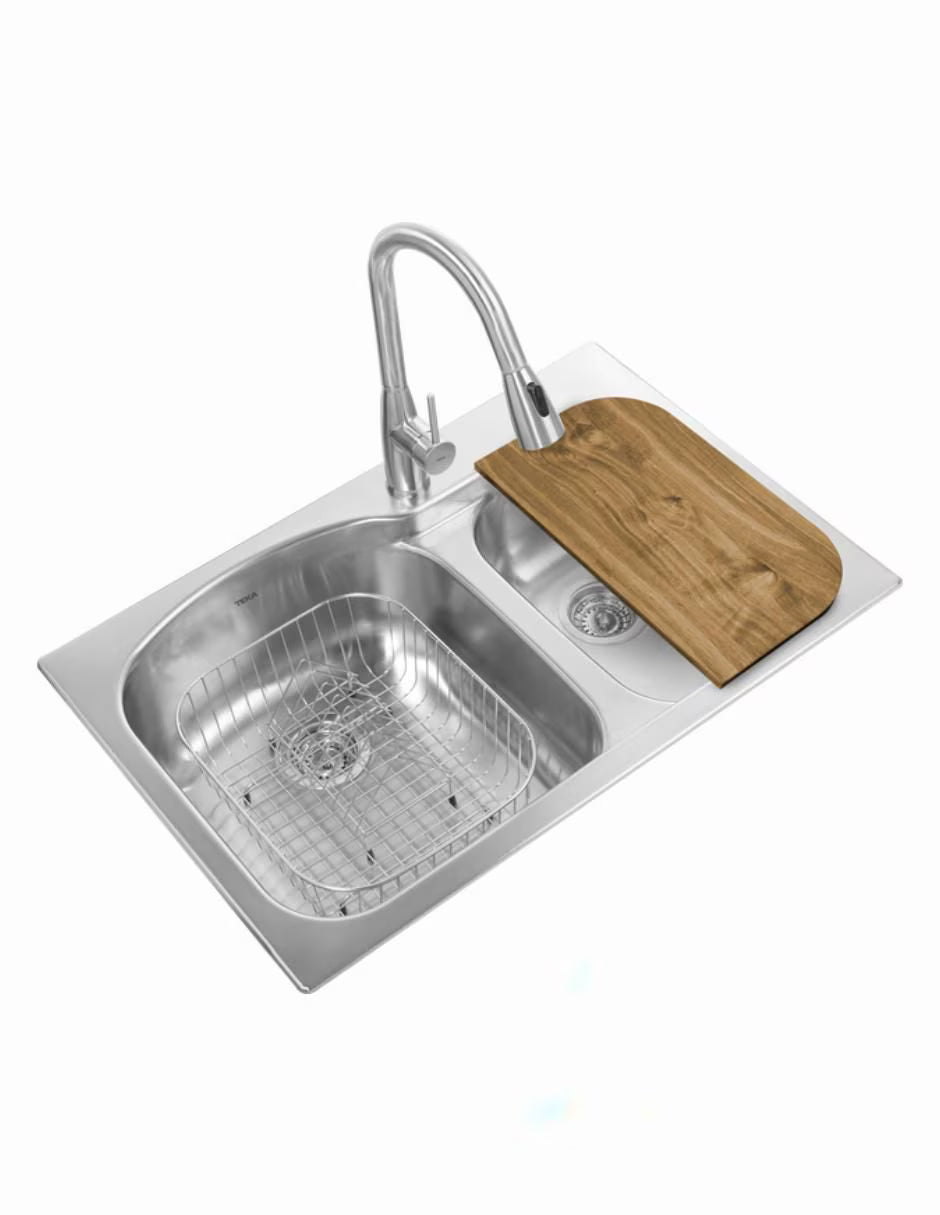 Paquete Tarja Teka Tekaway 2 Tinas 84 × 56 cm Acero Inoxidable + Monomando Extraíble + Accesorios, DM 33.22 2C 9 MJ