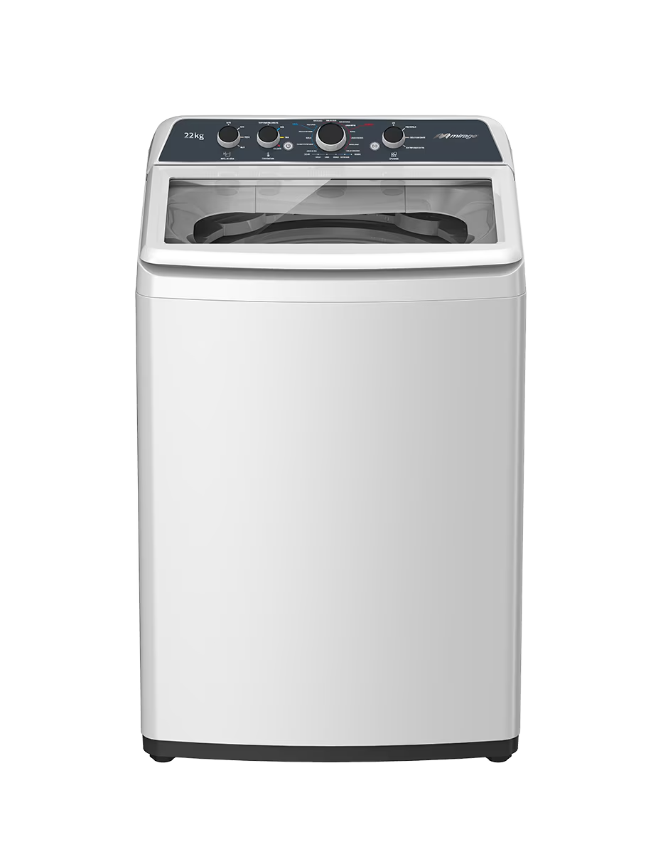Lavadora Automática Mirage LMA022G 22 kg Carga Superior, Tina de Acero Inoxidable, 13 Programas, Tapa de Cristal, Blanca