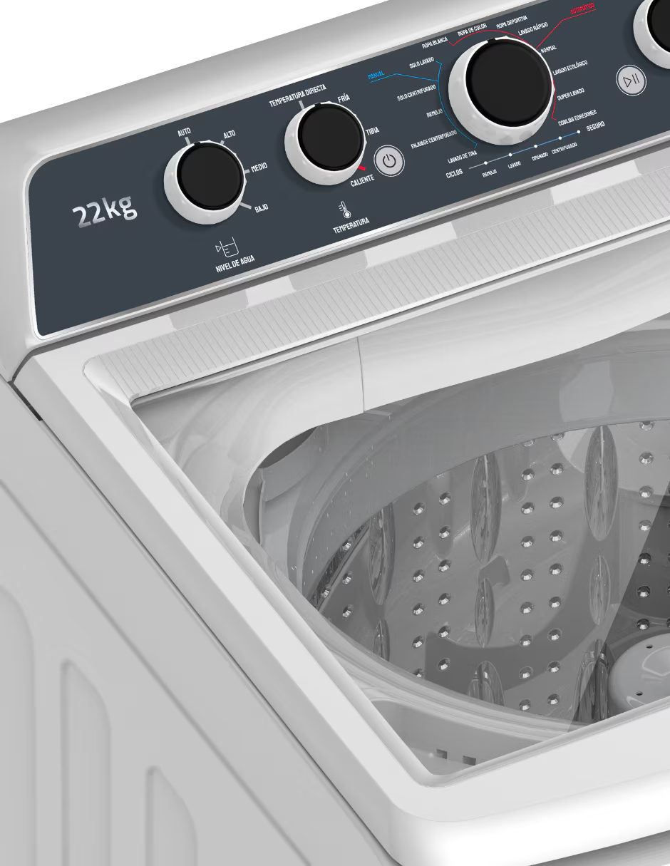 Lavadora Automática Mirage LMA022G 22 kg Carga Superior, Tina de Acero Inoxidable, 13 Programas, Tapa de Cristal, Blanca