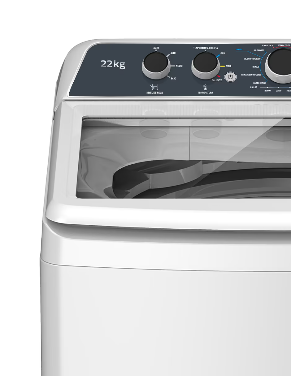 Lavadora Automática Mirage LMA022G 22 kg Carga Superior, Tina de Acero Inoxidable, 13 Programas, Tapa de Cristal, Blanca