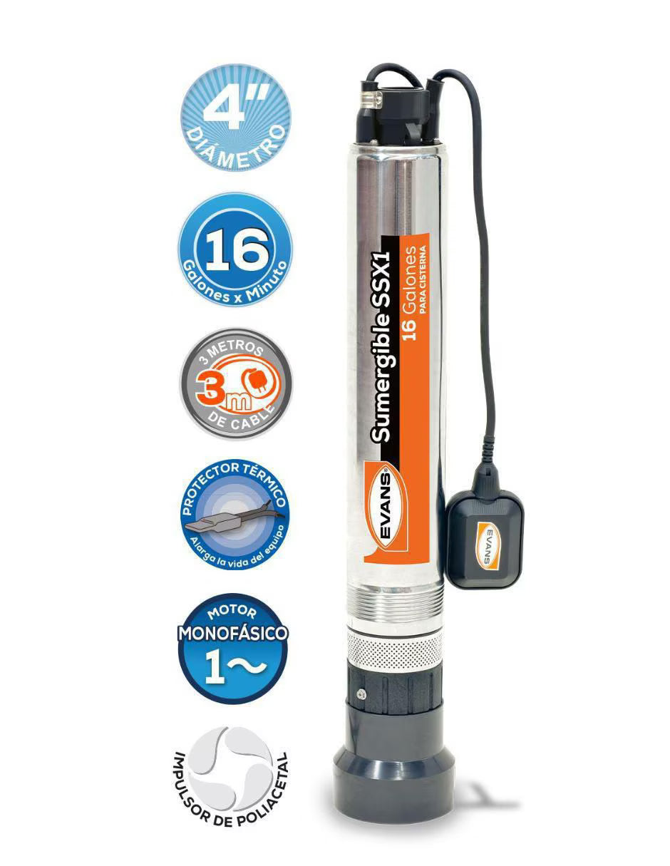 Bomba Sumergible para Cisterna 1 HP Evans SSX1ME100F2C-F 115V Acero Inoxidable con Flotador