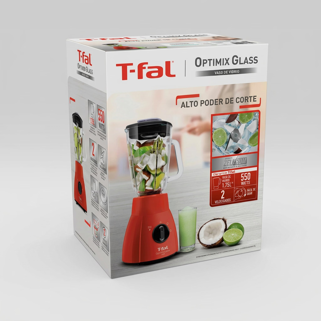 Licuadora T-fal Optimix Glass LN2785X0 Roja, Vaso de Vidrio 1.25 L, 550W, 2 Velocidades más Pulso, Cuchillas de Acero Inoxidable