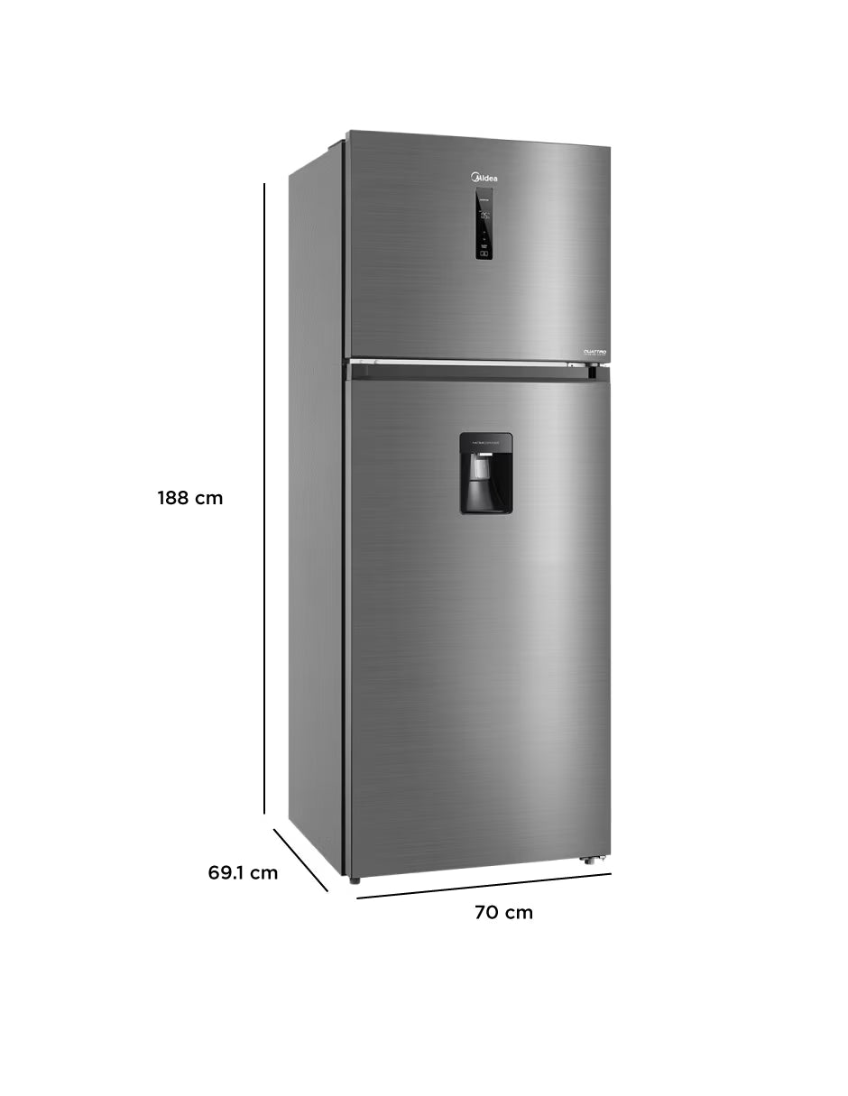 Refrigerador Midea Top Mount 17 Pies Inverter Quattro MDRT645MTM46WD, Dispensador de Agua, No Frost, Cooling Box, Bru Steel