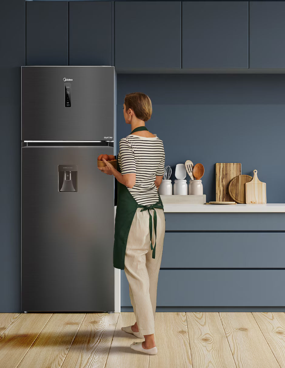 Refrigerador Midea Top Mount 17 Pies Inverter Quattro MDRT645MTM46WD, Dispensador de Agua, No Frost, Cooling Box, Bru Steel