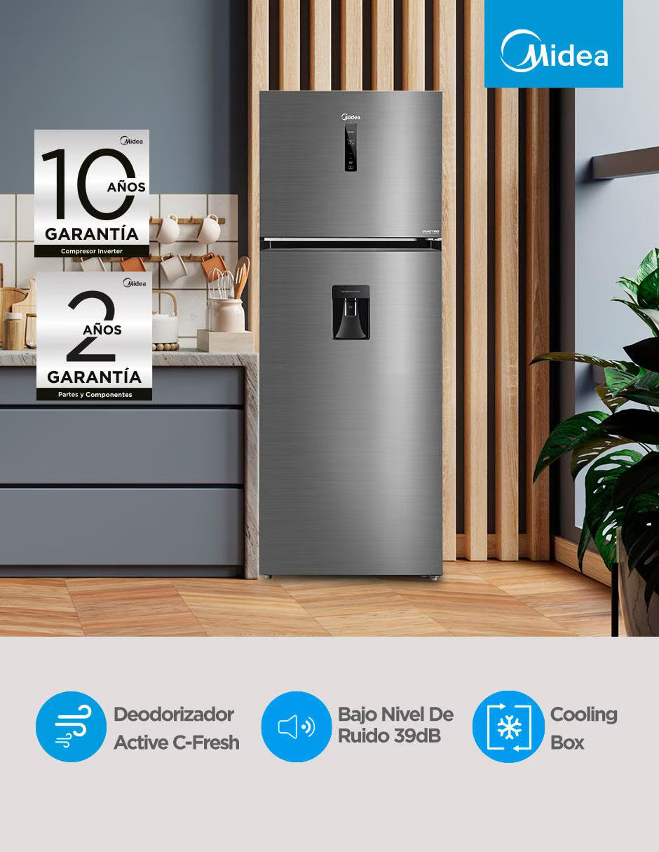 Refrigerador Midea Top Mount 17 Pies Inverter Quattro MDRT645MTM46WD, Dispensador de Agua, No Frost, Cooling Box, Bru Steel