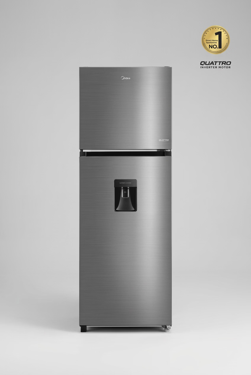 Refrigerador Midea Top Mount 12 Pies Inverter Quattro MDRT489MTM46WD, No Frost, Dispensador de Agua, Cooling Box, Bru Steel