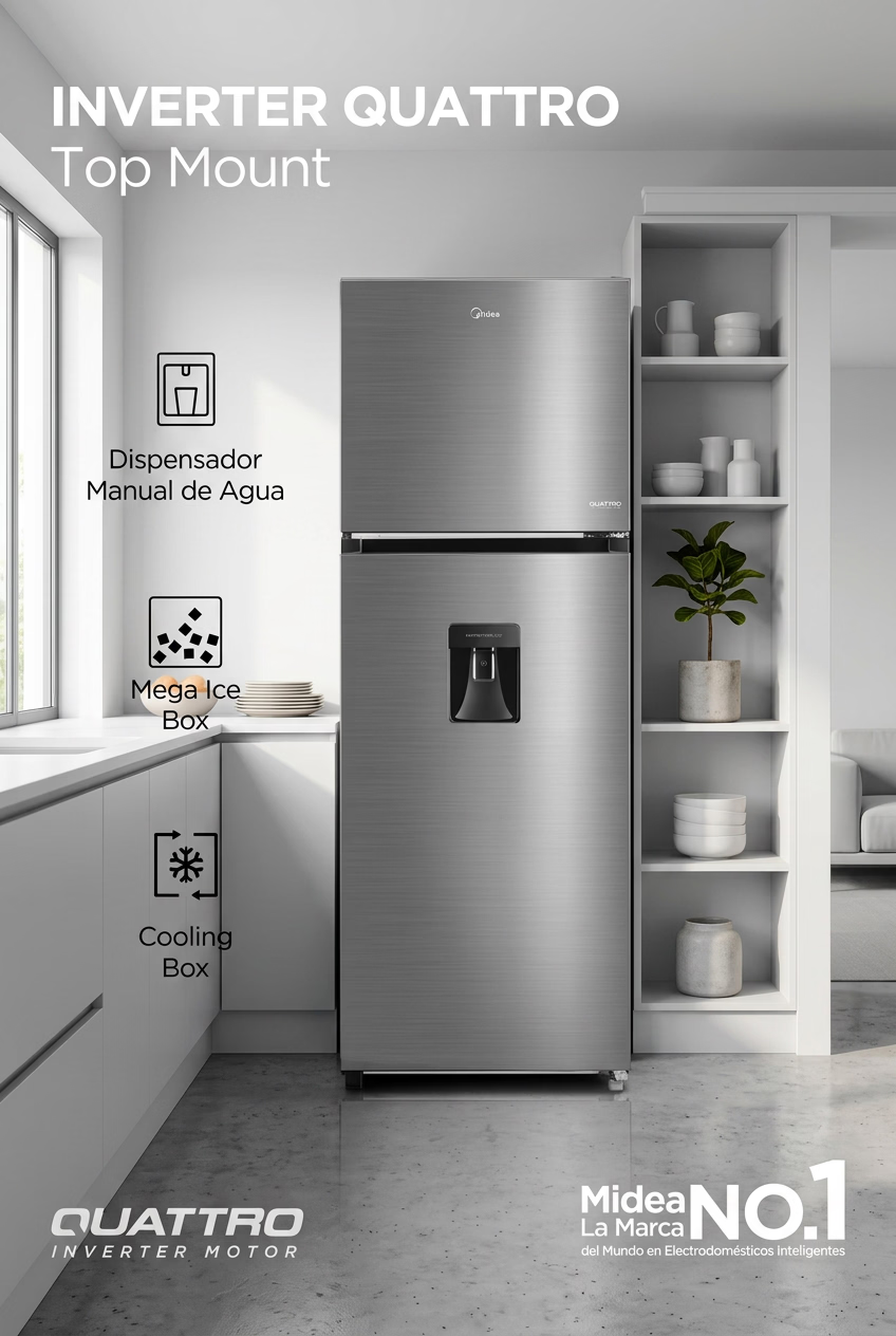 Refrigerador Midea Top Mount 12 Pies Inverter Quattro MDRT489MTM46WD, No Frost, Dispensador de Agua, Cooling Box, Bru Steel