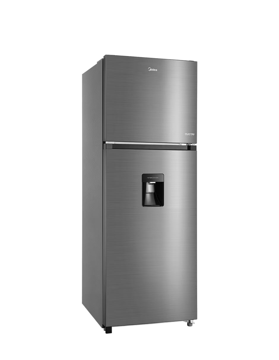 Refrigerador Midea Top Mount 12 Pies Inverter Quattro MDRT489MTM46WD, No Frost, Dispensador de Agua, Cooling Box, Bru Steel