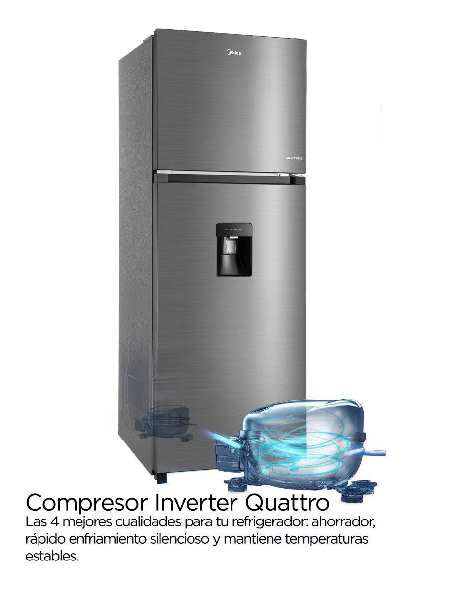 Refrigerador Midea Top Mount 12 Pies Inverter Quattro MDRT489MTM46WD, No Frost, Dispensador de Agua, Cooling Box, Bru Steel