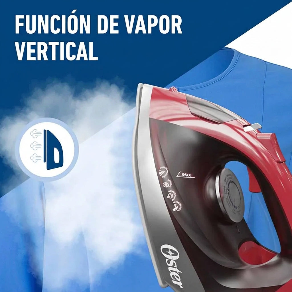 Plancha de Vapor Oster GCSTBS6051 1250 W, Suela de Cerámica Aeroceramic, Golpe de Vapor 80 g, Tanque 250 ml, Roja Metalizada