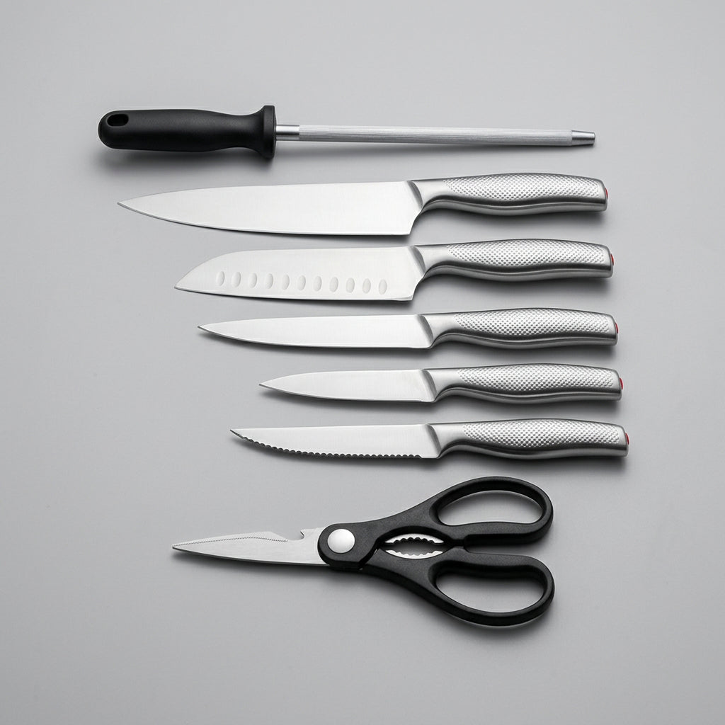 Juego de Cuchillos Mayware HY-SC1 13 Piezas, Acero Inoxidable, con Base, Tijeras, Afilador y Fundas de Seguridad