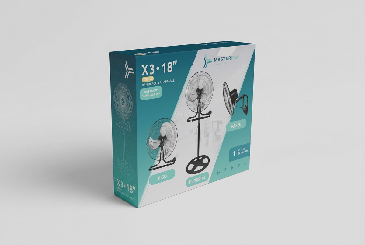 Ventilador MasterFan X3 Turbo 18" 3 en 1 Pedestal, Piso y Pared, 90W, 1,350 RPM, 3 Velocidades, Oscilación 90°, Negro