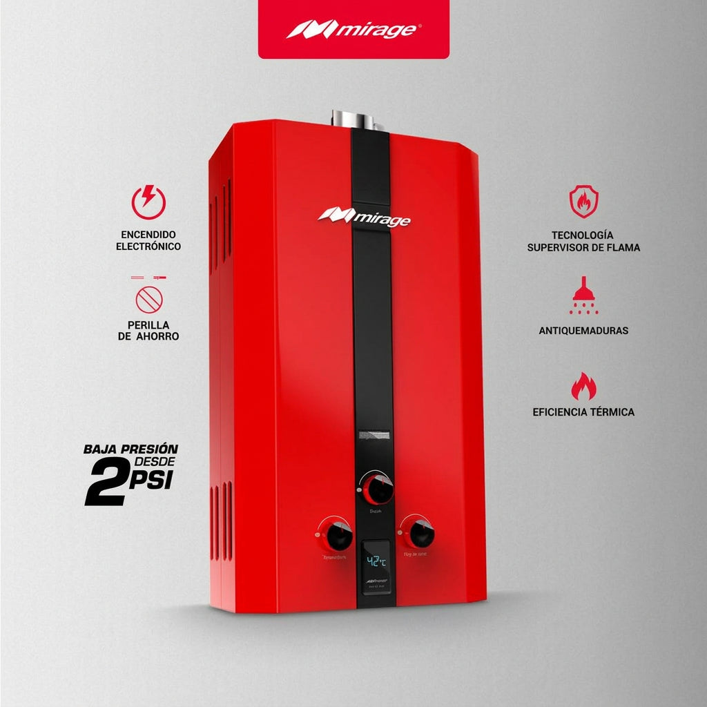 Boiler de Gas Natural Mirage FLUX de 16 Litros por Minuto con Funcionamiento a Baja Presión de Agua y Color Rojo