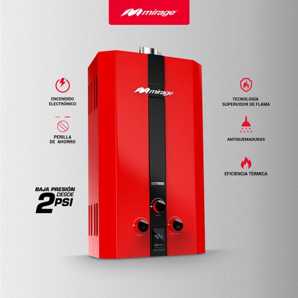 Boiler de Gas Natural Mirage FLUX de 6 Litros por Minuto con Funcionamiento a Cero Presión de Agua y Color Rojo