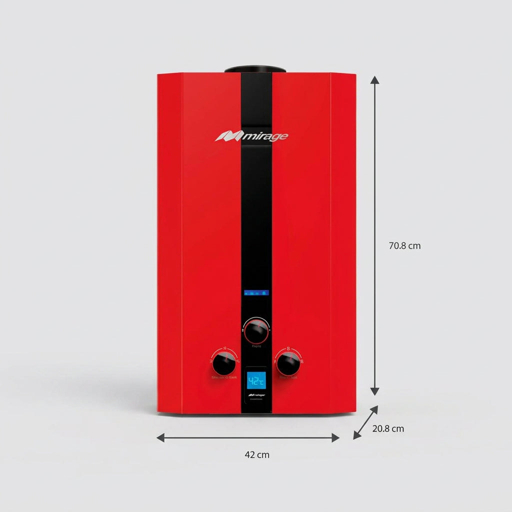 Boiler de Gas Natural Mirage FLUX de 16 Litros por Minuto con Funcionamiento a Baja Presión de Agua y Color Rojo