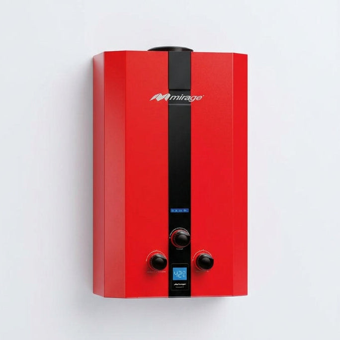 Boiler de Gas Natural Mirage FLUX de 16 Litros por Minuto con Funcionamiento a Baja Presión de Agua y Color Rojo