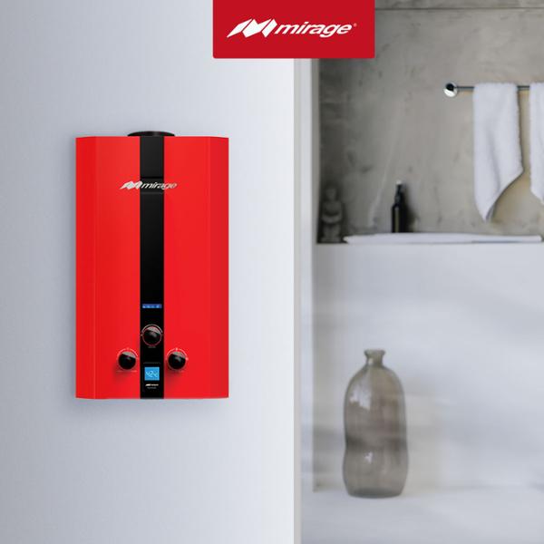 Boiler de Gas Natural Mirage FLUX de 6 Litros por Minuto con Funcionamiento a Cero Presión de Agua y Color Rojo