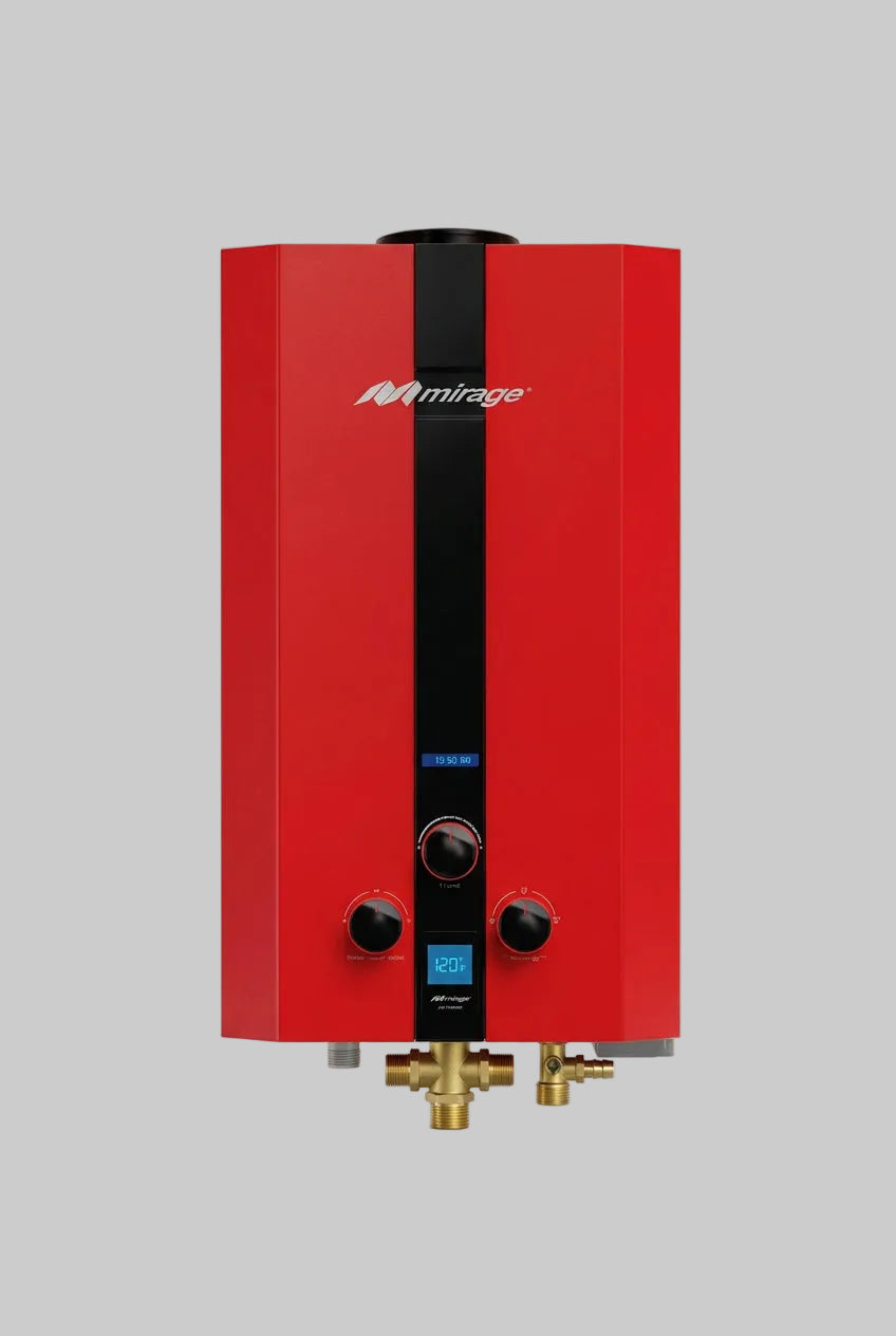 Boiler de Gas Natural Mirage FLUX de 16 Litros por Minuto con Funcionamiento a Baja Presión de Agua y Color Rojo
