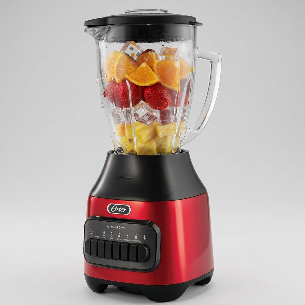 Licuadora Oster BLSTPEG-CPB 600 W, 6 Velocidades + Pulso, Vaso de Vidrio Boroclass 1.5 L, Acople Metálico, Pica Hielo, Roja