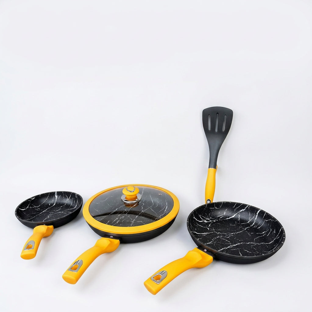 Juego de Sartenes Sarym Home Carrara 5 Piezas, 20, 24 y 28 cm, Antiadherente Tipo Mármol, Termo-Color, Tapa de Cristal