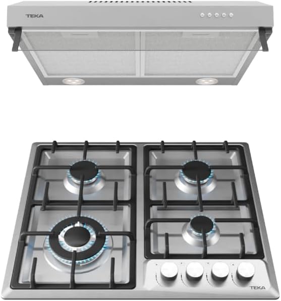 Combo Teka Duetto Deluxe 60: Parrilla de Gas Empotrable 4 Quemadores + Campana Empotrable 3 Velocidades, Acero Inoxidable 60 cm