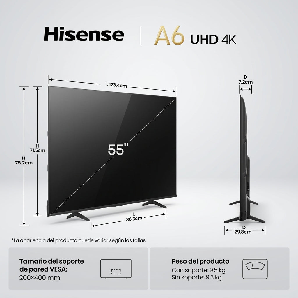 Pantalla Hisense 55" 4K UHD Smart TV VIDAA 55A65NV, Dolby Vision, HDR10, Game Mode Plus, Control de Voz, Bluetooth