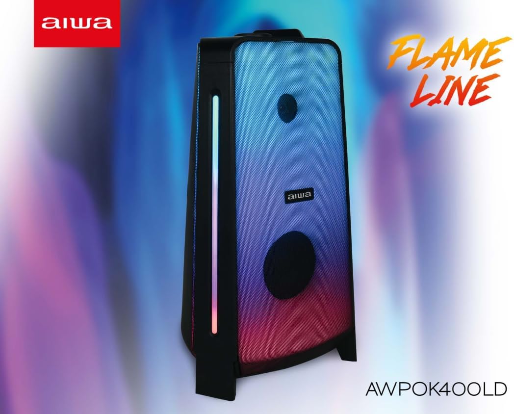 Bocina Bluetooth Aiwa AWPOK400LD 50W RMS (500W PMPO) Karaoke con Micrófono, Luces LED, TWS, Radio FM y Batería Recargable