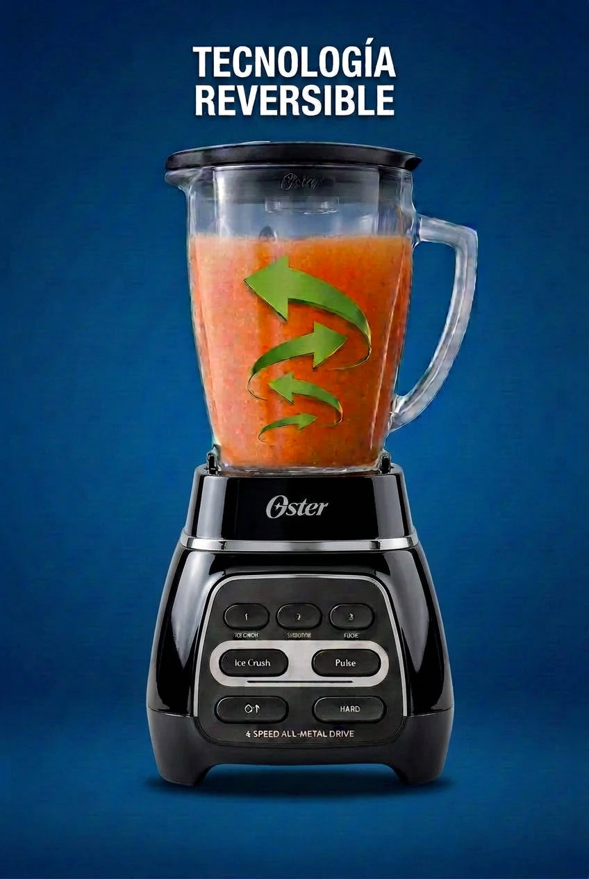 Licuadora Oster Reversible BLSTPYG1209B 600 W, 3 Velocidades + Pulso, 2 Programas Automáticos, Vaso de Vidrio 1.5 L, Negra