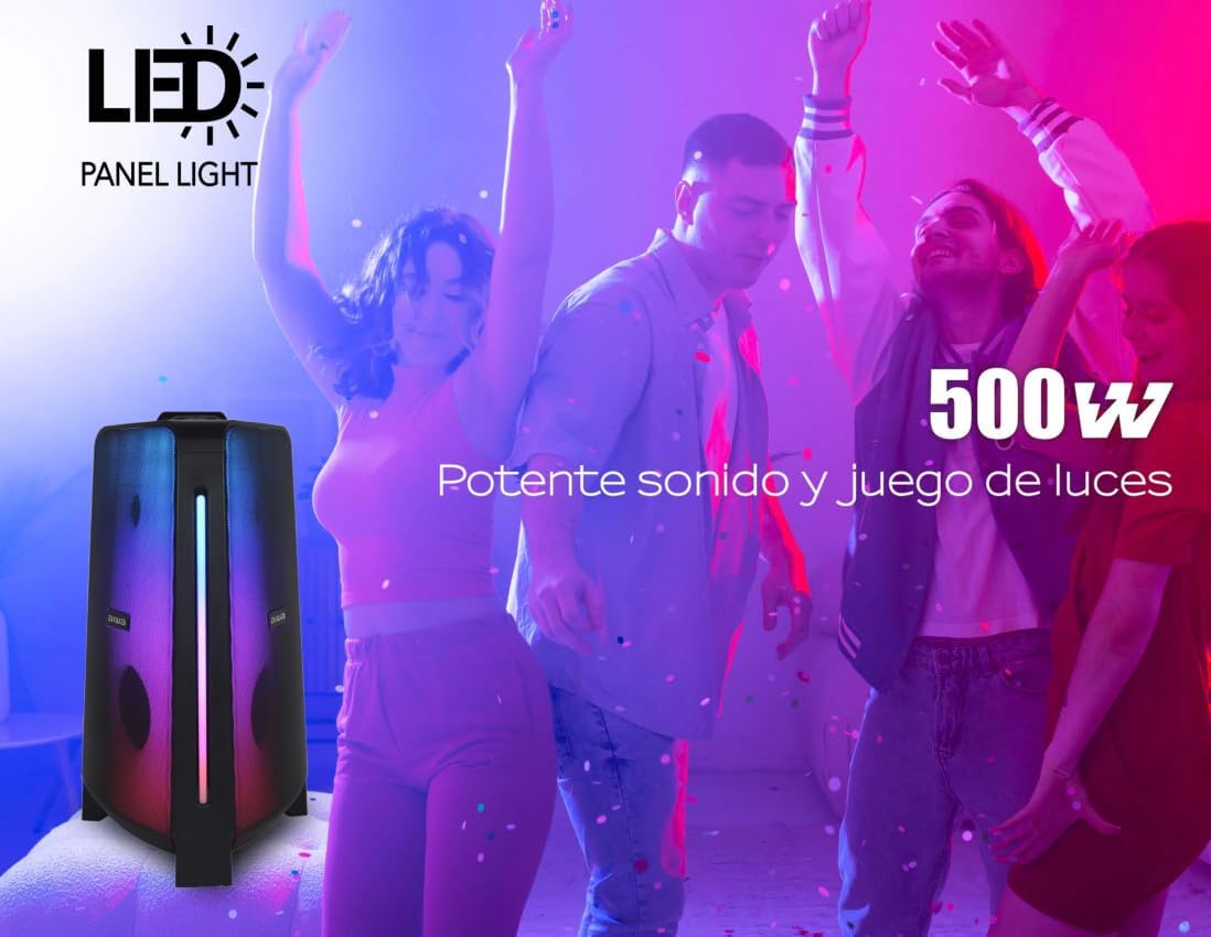 Bocina Bluetooth Aiwa AWPOK400LD 50W RMS (500W PMPO) Karaoke con Micrófono, Luces LED, TWS, Radio FM y Batería Recargable