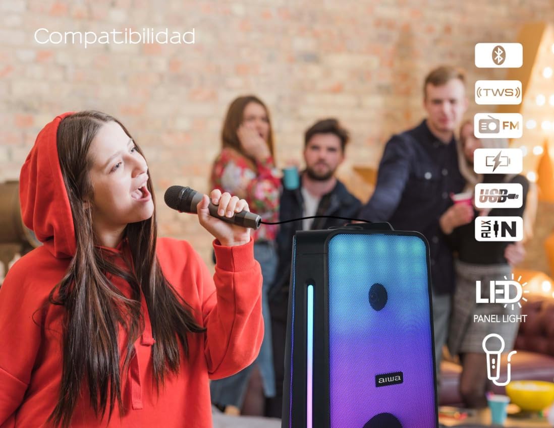 Bocina Bluetooth Aiwa AWPOK400LD 50W RMS (500W PMPO) Karaoke con Micrófono, Luces LED, TWS, Radio FM y Batería Recargable