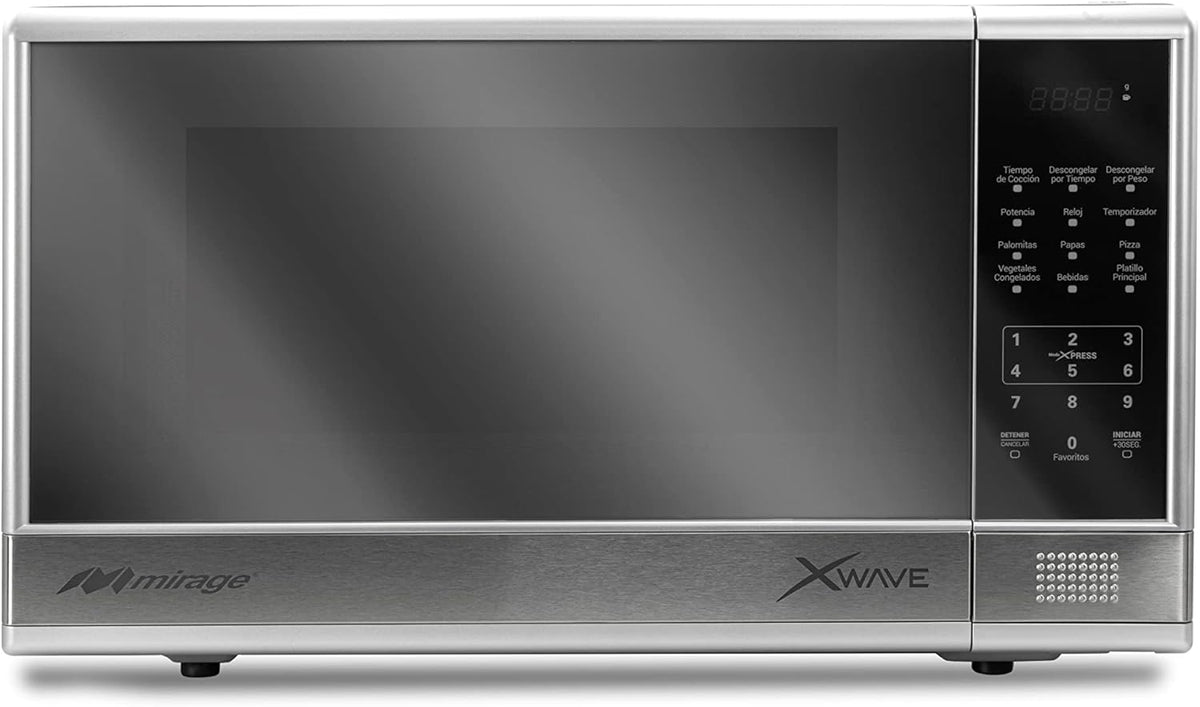Horno de Microondas Mirage X Wave MWD031E 1.1 Pies (31 L) 1000W, Acabado Espejo Plata, 10 Niveles, Descongelado por Peso