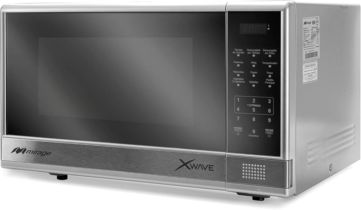 Horno de Microondas Mirage X Wave MWD031E 1.1 Pies (31 L) 1000W, Acabado Espejo Plata, 10 Niveles, Descongelado por Peso