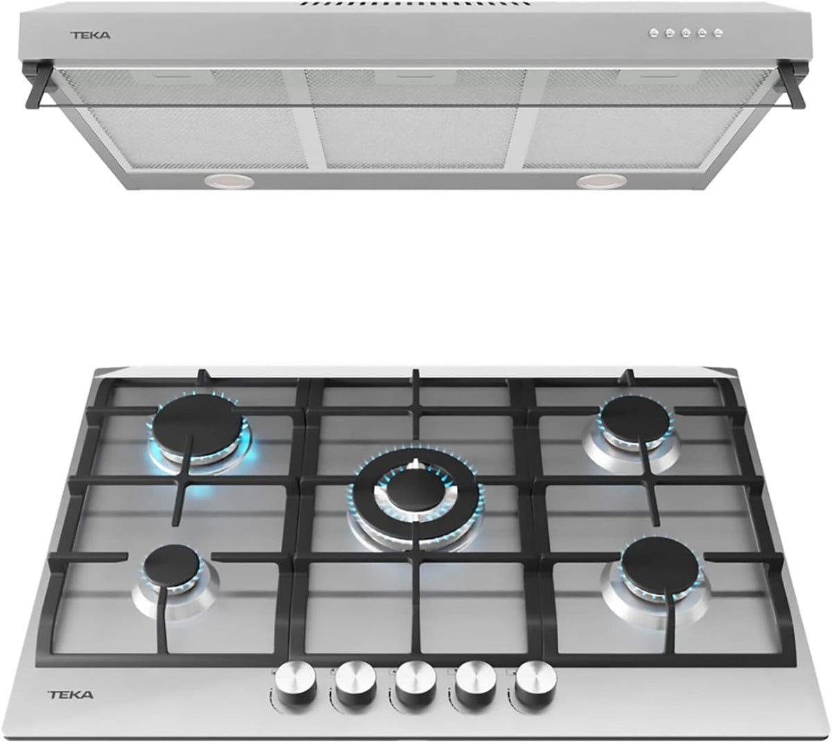 Combo Teka Duetto Deluxe 75: Parrilla de Gas Empotrable 5 Quemadores 75 cm + Campana Extractora 80 cm, Acero Inoxidable, Gas LP y Natural