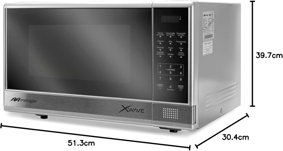 Horno de Microondas Mirage X Wave MWD031E 1.1 Pies (31 L) 1000W, Acabado Espejo Plata, 10 Niveles, Descongelado por Peso