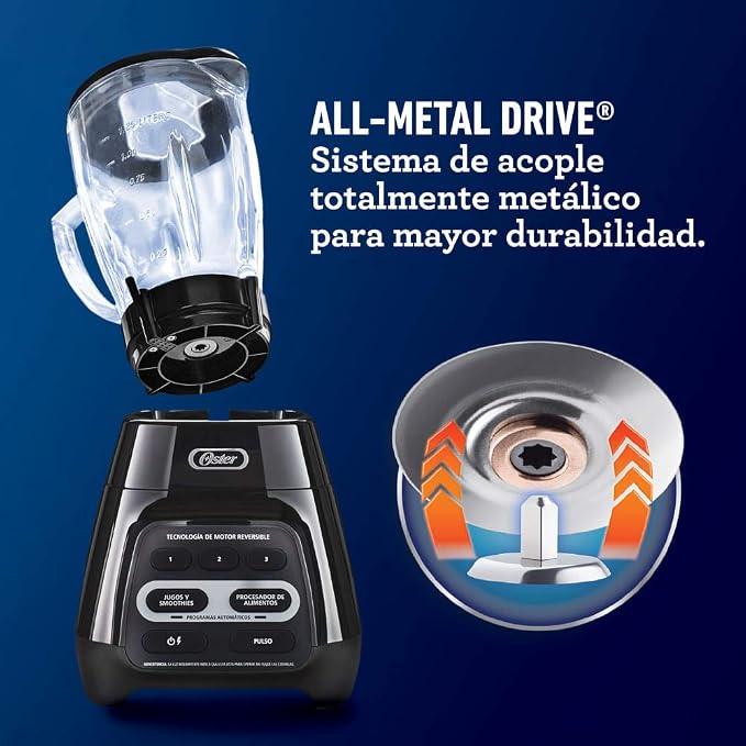 Licuadora Oster Reversible BLSTPYG1209B 600 W, 3 Velocidades + Pulso, 2 Programas Automáticos, Vaso de Vidrio 1.5 L, Negra