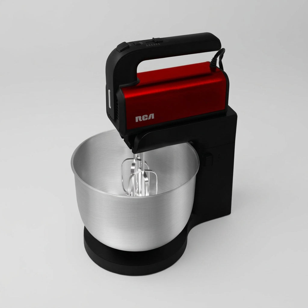 Batidora de Mano con Pedestal RCA RC-71 300 W, 5 Velocidades + Turbo, Tazón Giratorio de Acero Inoxidable 3 L, Negra con Rojo