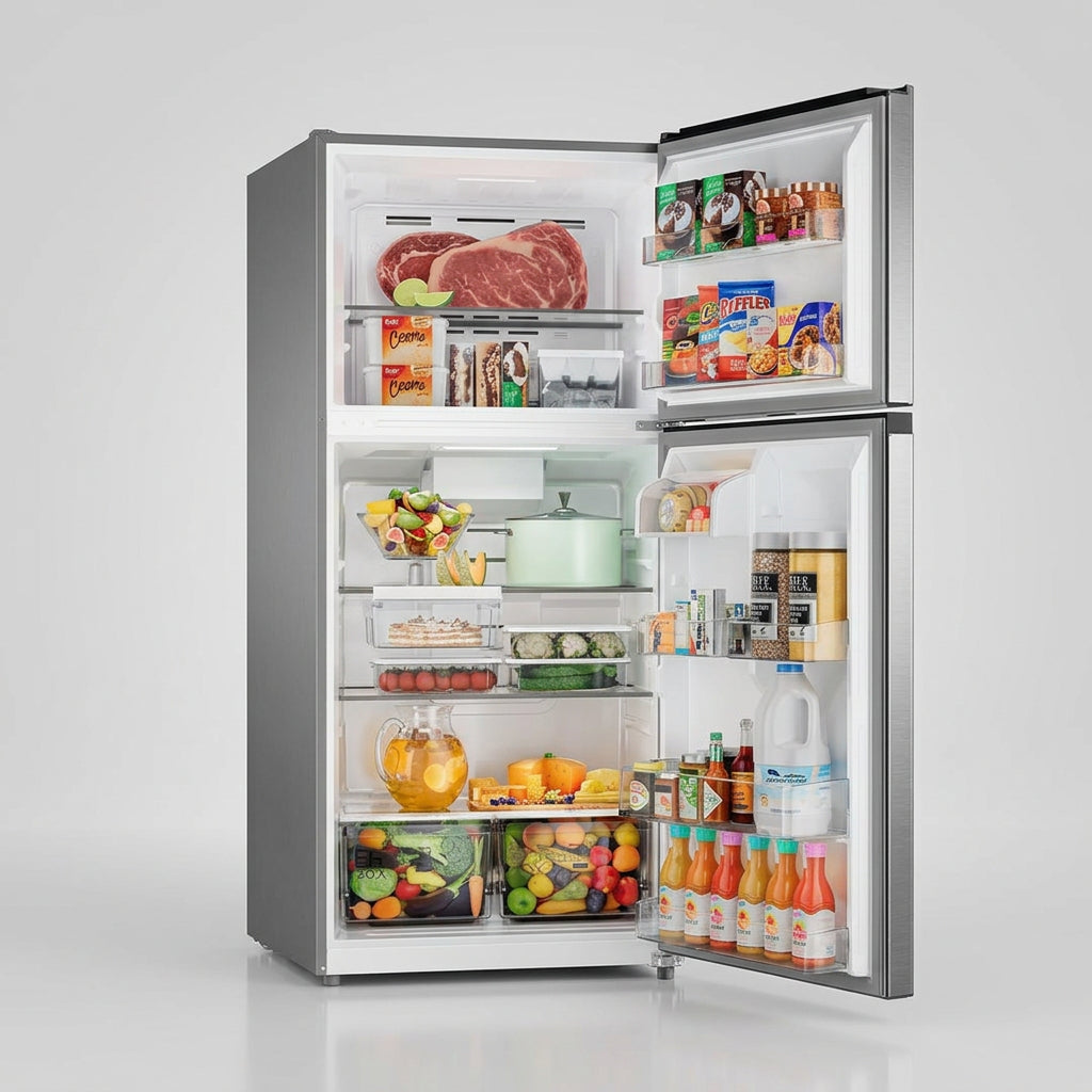 Refrigerador Midea Top Mount 20 Pies Inverter Quattro MDRT765FGM46D, 39 dB, Deli Box, Cajones con Control de Humedad, Bru Steel