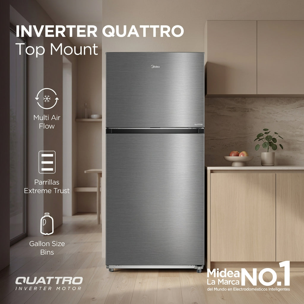 Refrigerador Midea Top Mount 20 Pies Inverter Quattro MDRT765FGM46D, 39 dB, Deli Box, Cajones con Control de Humedad, Bru Steel