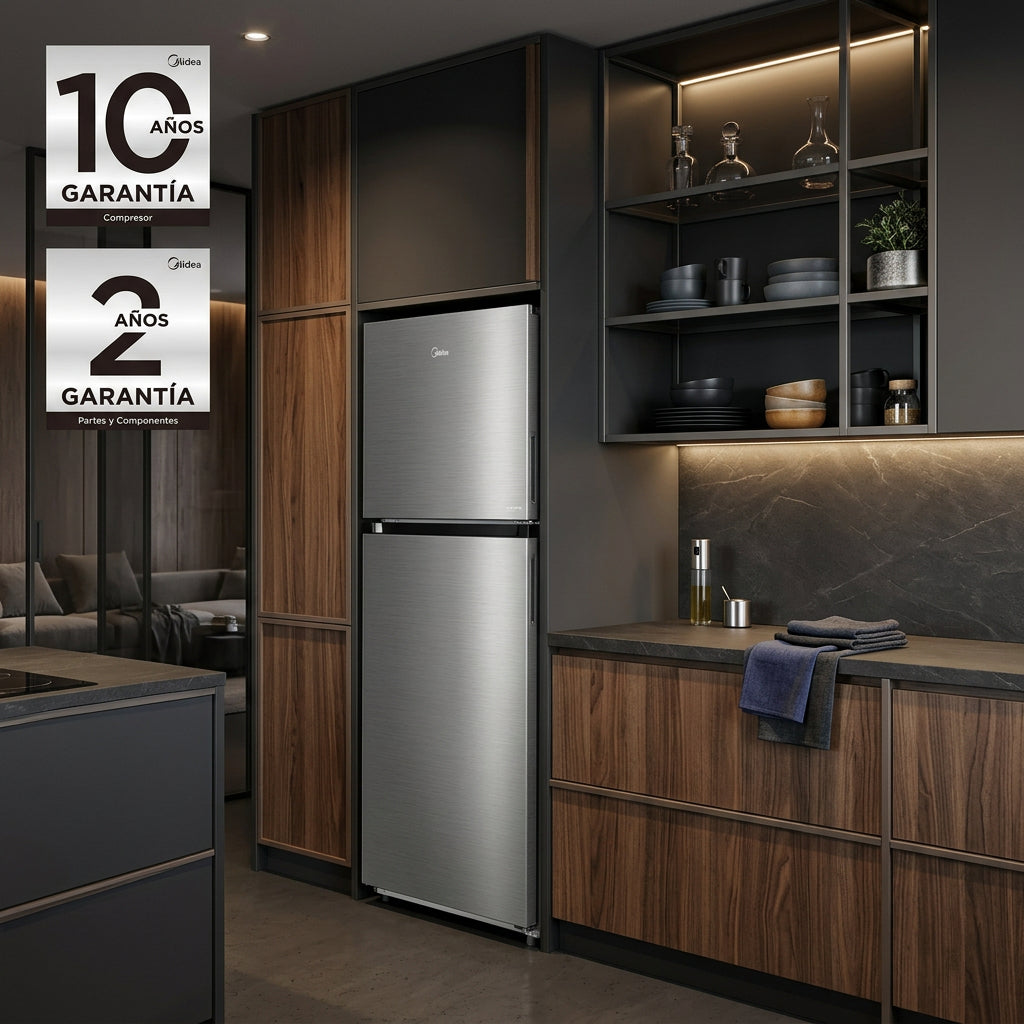 Refrigerador Midea Top Mount 20 Pies Inverter Quattro MDRT765FGM46D, 39 dB, Deli Box, Cajones con Control de Humedad, Bru Steel