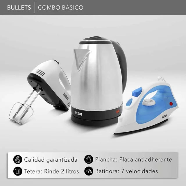 Combo Básico RCA RC-BS: Tetera Eléctrica 1.8 L, Plancha de Vapor 1200 W y Batidora de Mano 7 Velocidades