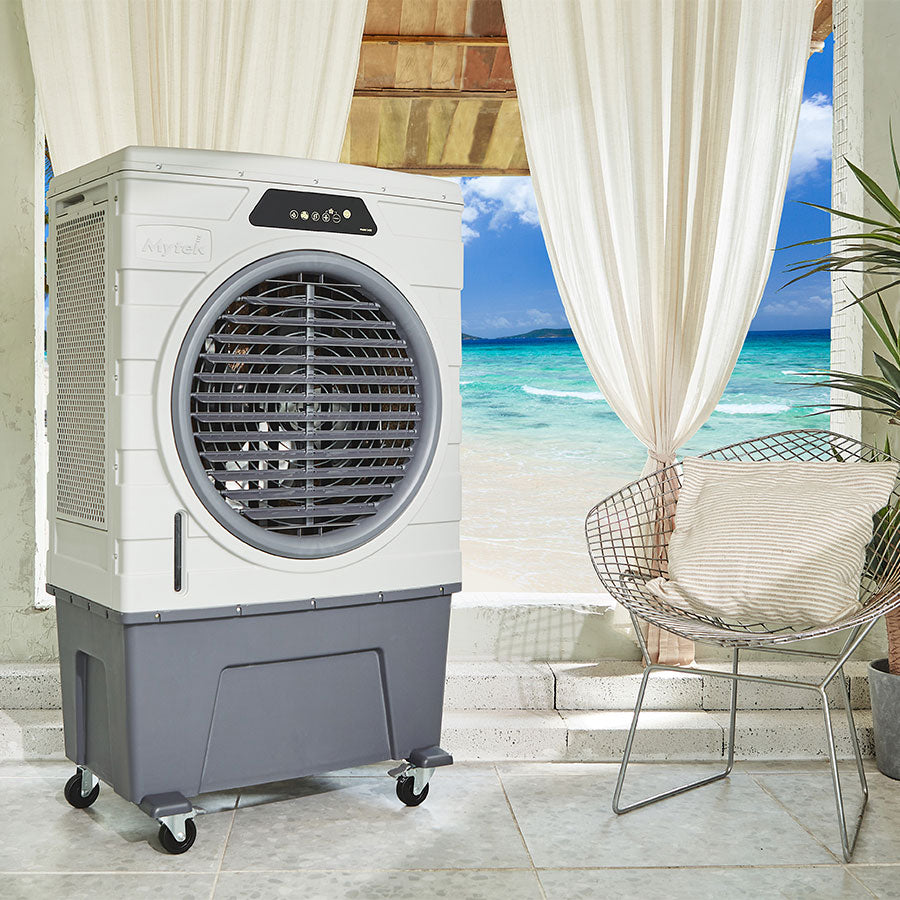 Enfriador Evaporativo Portátil Mytek 3400 100 Litros Motor DC, 2,102 CFM, Hasta 99 m², Control Remoto, Ozono, 8 Velocidades
