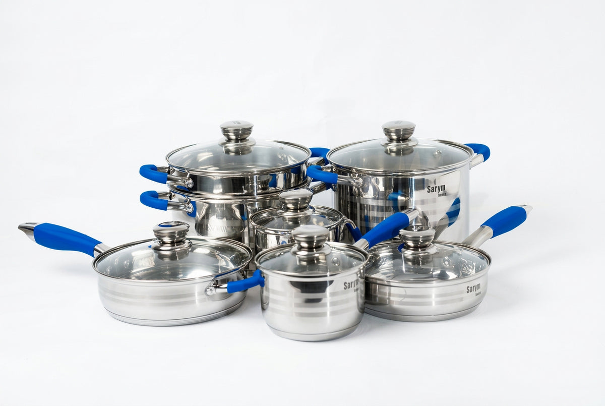 Batería de Cocina Columba 13 Piezas de Acero Inoxidable con Disco Difusor y Tapas de Cristal Templado