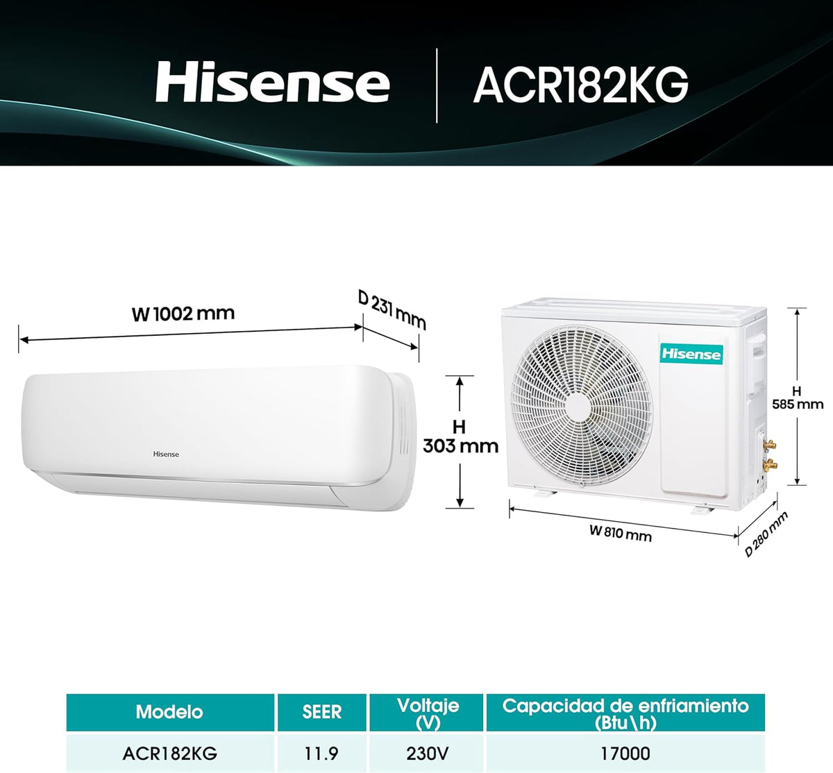 Minisplit Hisense ACR182KG 1.5 Toneladas 17,000 BTU Solo Frío 220V, Blanco