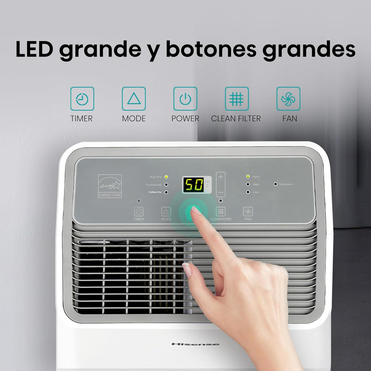 Deshumidificador Portátil Hisense DH50K1R 50 Pintas (23.7 L/día) 110V para 93 m², Control Remoto, Drenaje Continuo, Modo Silencioso