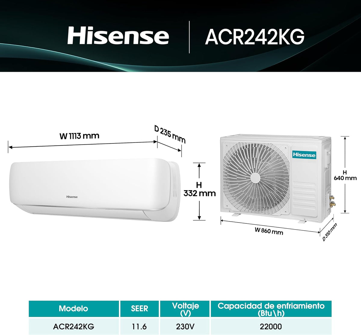 Hisense ACR242KG / Minisplit Solo Frío 2 Ton (22,000 BTU) 220V