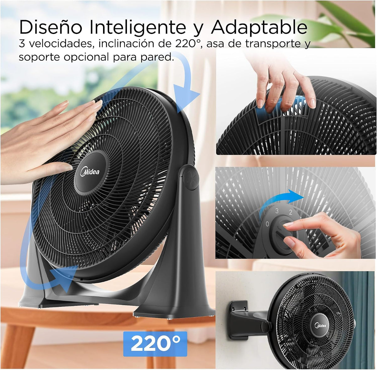 Ventilador de Piso Midea Power Breeze FB50-17H 20" 5 Aspas, Motor de Cobre 75W, 3 Velocidades, Montaje en Pared, Negro