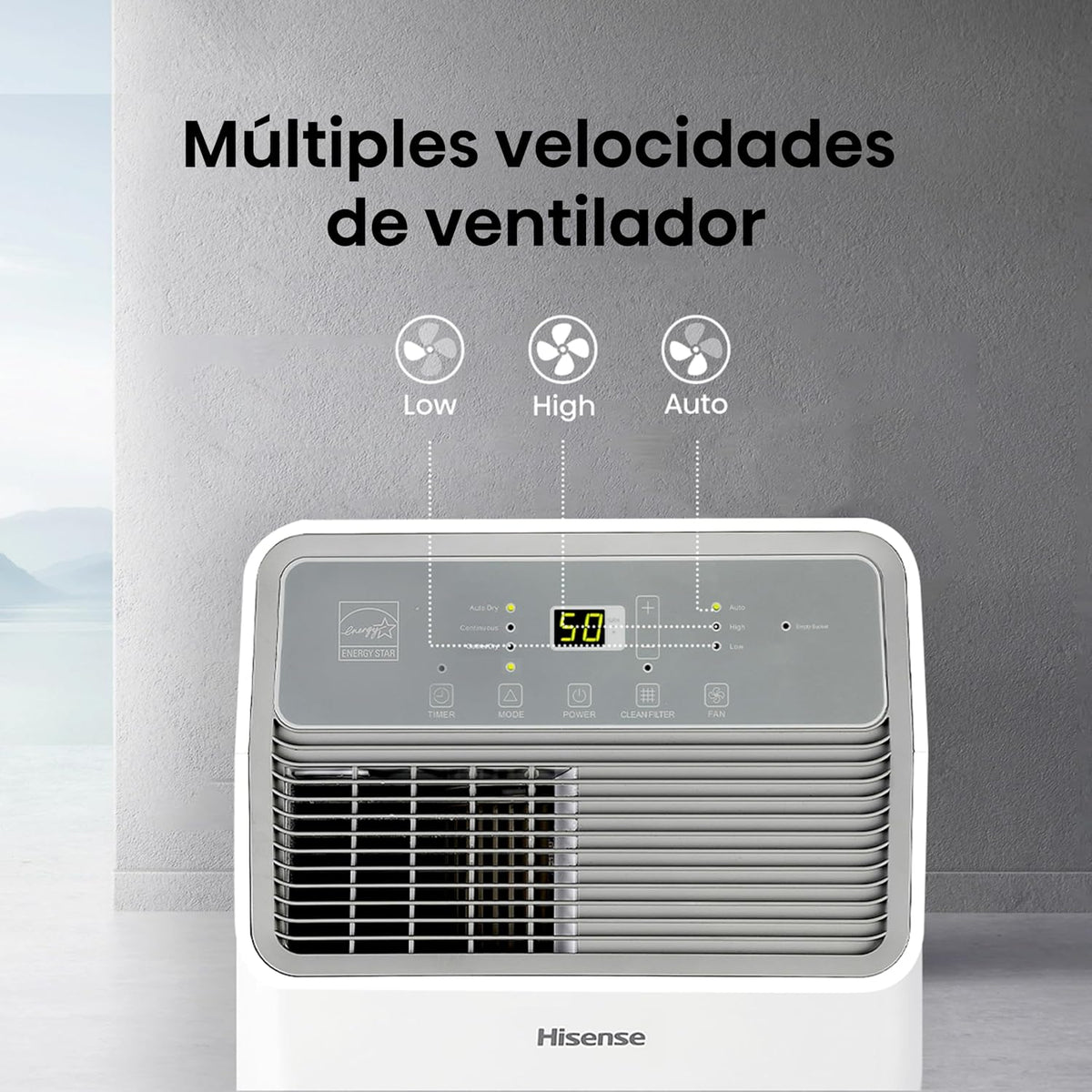 Deshumidificador Portátil Hisense DH50K1R 50 Pintas (23.7 L/día) 110V para 93 m², Control Remoto, Drenaje Continuo, Modo Silencioso