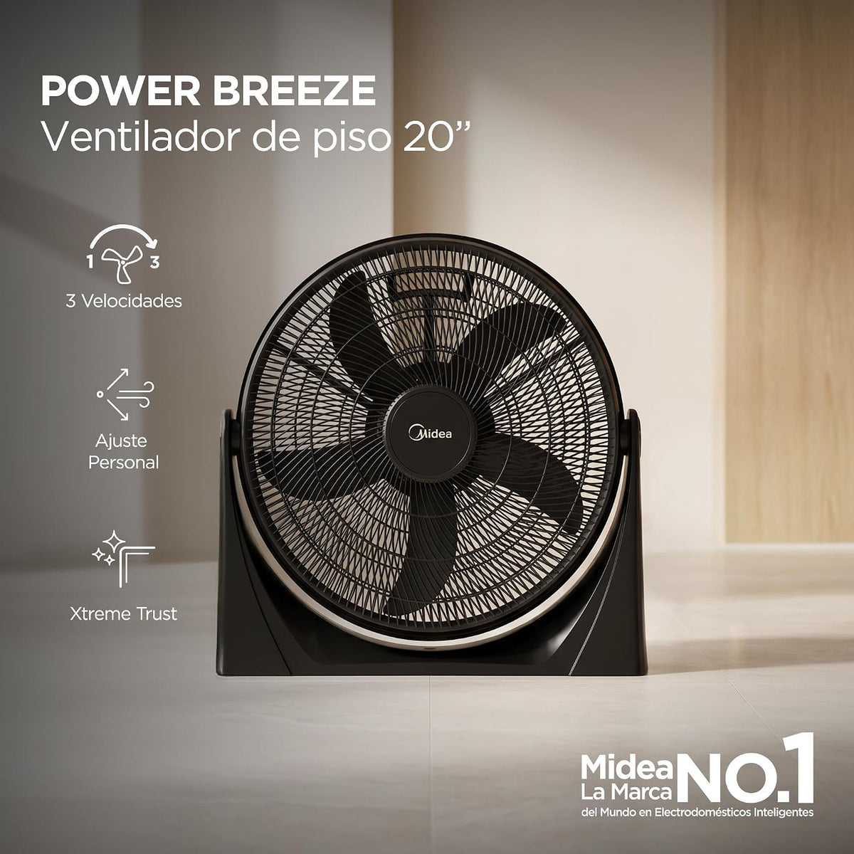 Ventilador de Piso Midea Power Breeze FB50-17H 20" 5 Aspas, Motor de Cobre 75W, 3 Velocidades, Montaje en Pared, Negro