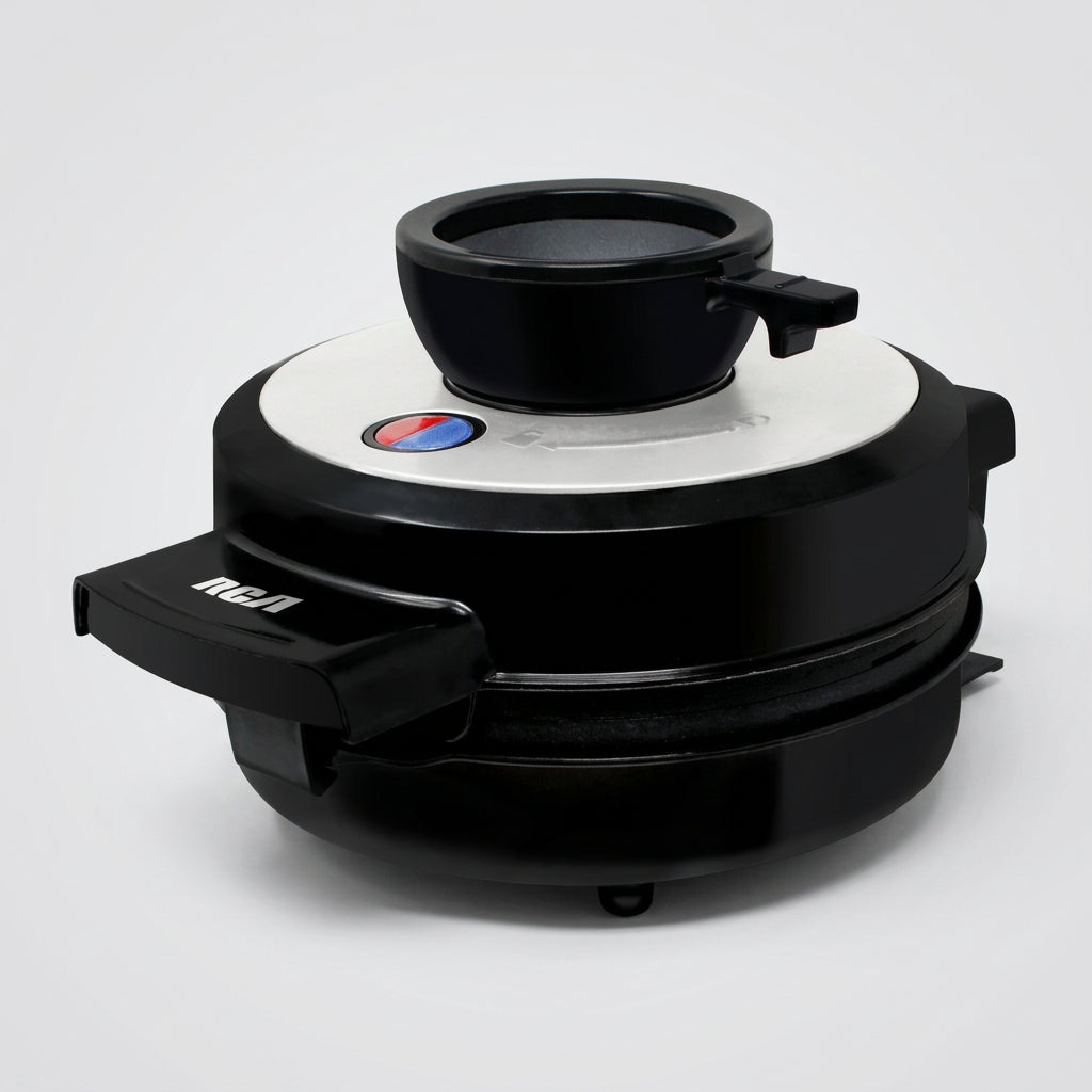 Waflera Belga Estilo Volcán RCA RC-92, Waffles de 20 cm en 4 Porciones, 700W, Antiderrame, Placas Antiadherentes, Negra